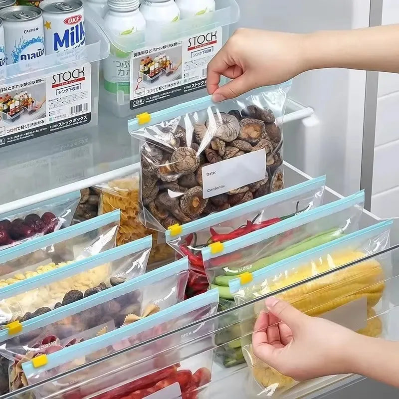 60/10PCS Reusable Zipper Bag Stand Up Zip Freezer Bags Refrigerator Vegetable Fruit Sealing Containers Leakproof Storage Pouch