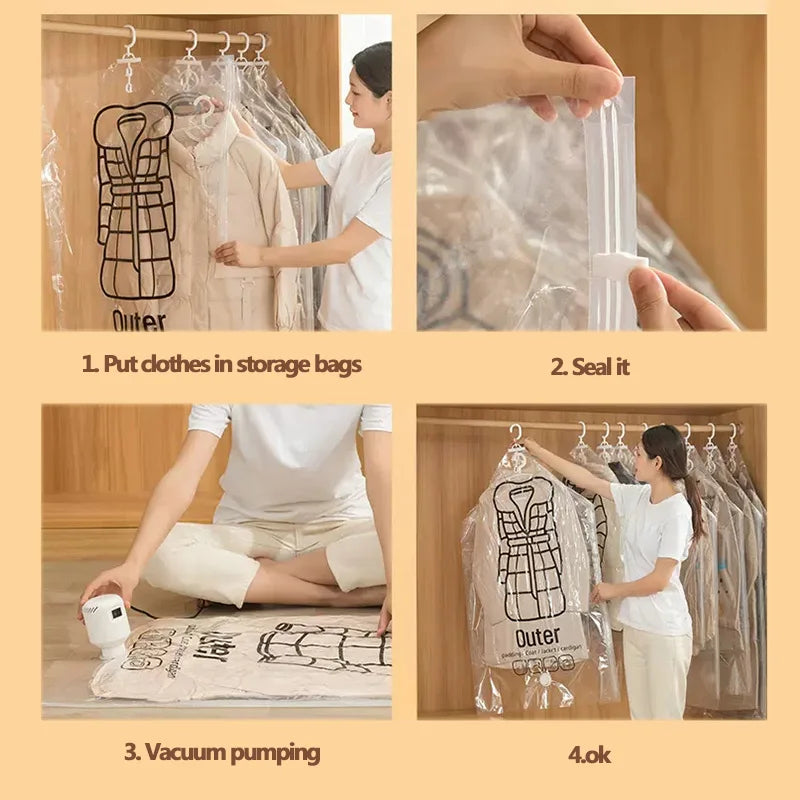 Vacuum Hanging Storage Bags Space Saving Clothes Compression Vacuum Covers Reusable Closet Vacuum Storage Bag Clothes For Down