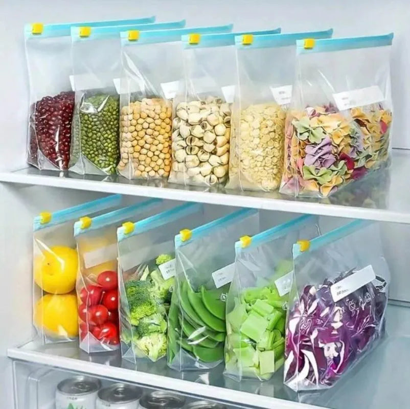 60/10PCS Reusable Zipper Bag Stand Up Zip Freezer Bags Refrigerator Vegetable Fruit Sealing Containers Leakproof Storage Pouch